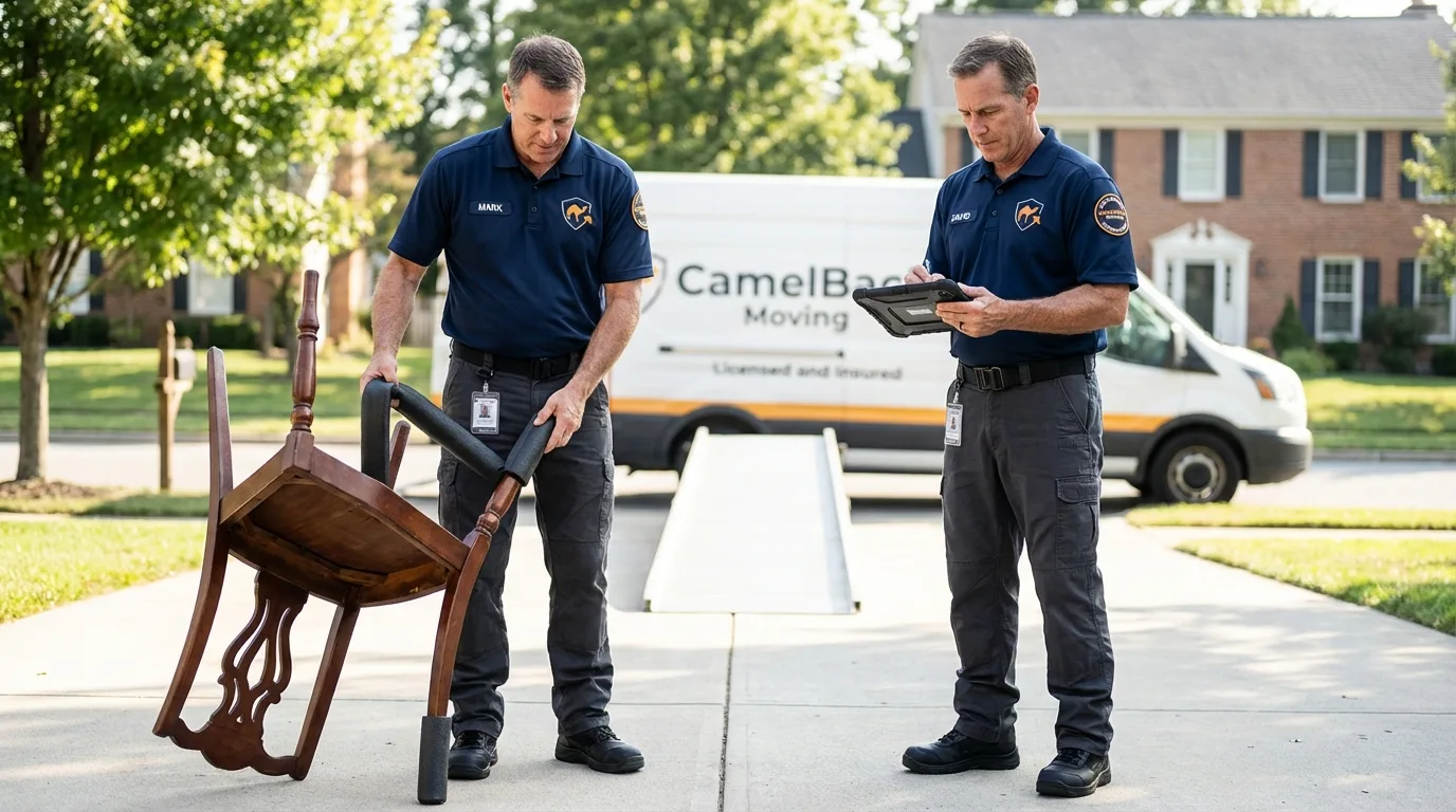 Movers inspecting furniture for damage prevention before loading in Point Lookout, NY