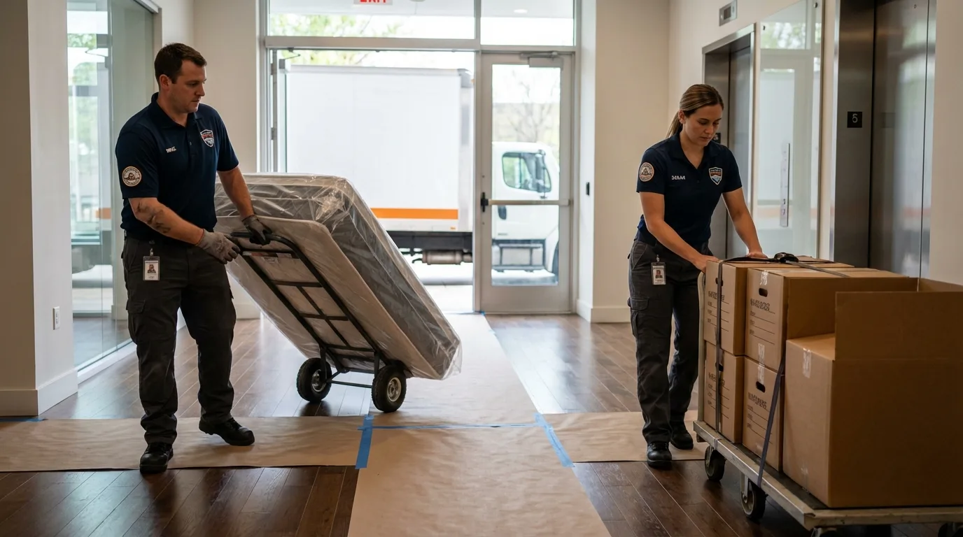 Professional apartment movers loading elevator in Point Lookout, NY