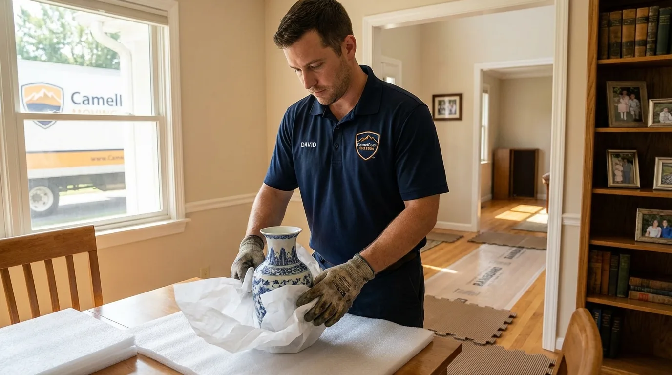 Professional crew carefully wrapping antique vase for senior downsizing move in Point Lookout, NY